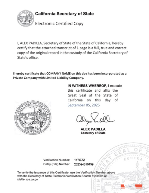 USA California electronic registration certificate Word and PDF template